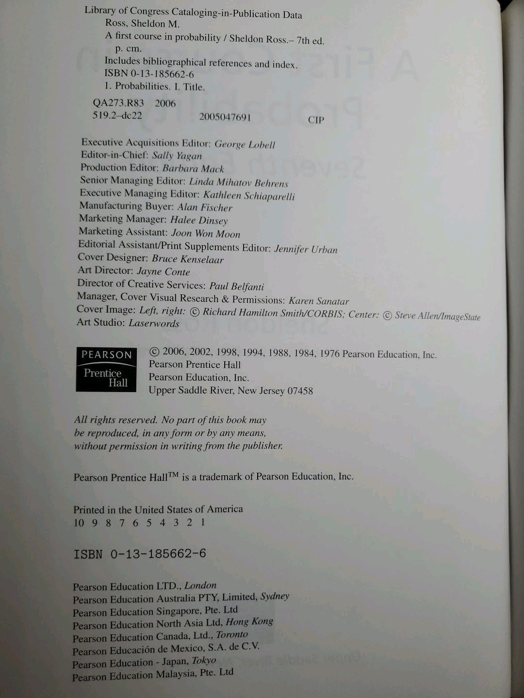A First Course in Probability 7th Edition Sheldon Ross Pearson Hardcover 2006