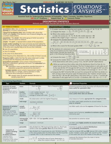 Statistics Equations & Answers (Quickstudy: Academic) – Pamphlet – GOOD